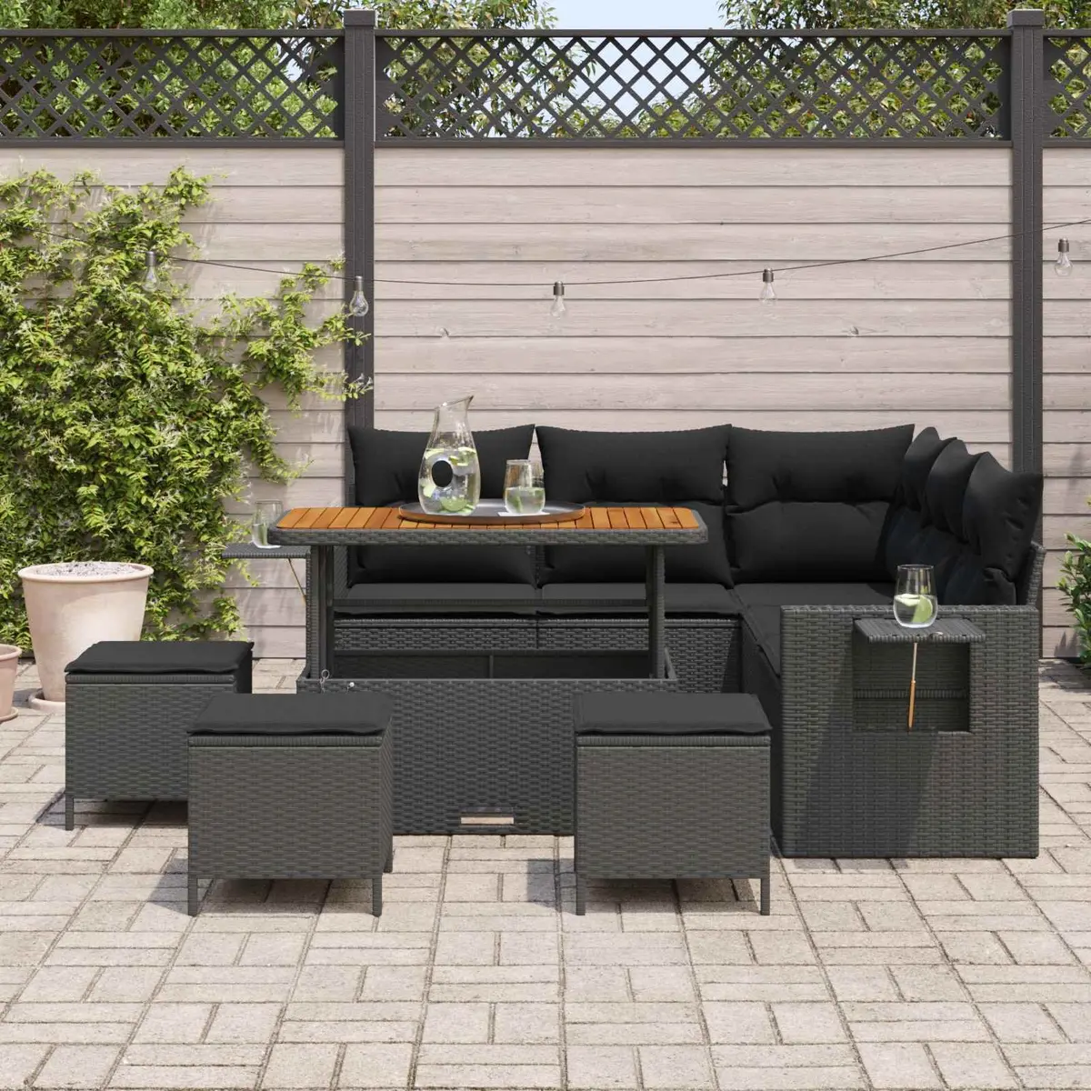 9PieceOutdoorSofaSetBlackPolyRattanModularFurnitureAcaciaWoodGardening