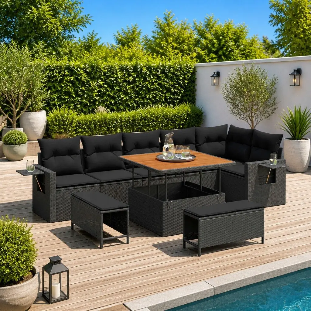 Modular Outdoor Furniture Set Black Poly Rattan Acacia Wood 9 Piece Garden Sofa