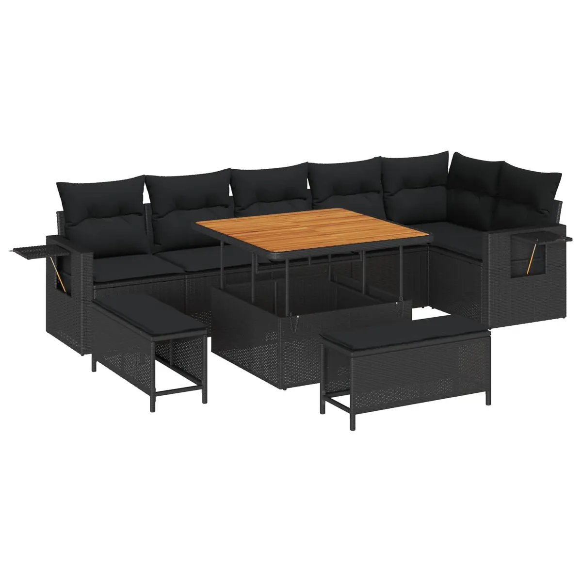 Modular Outdoor Furniture Set Black Poly Rattan Acacia Wood 9 Piece Garden Sofa