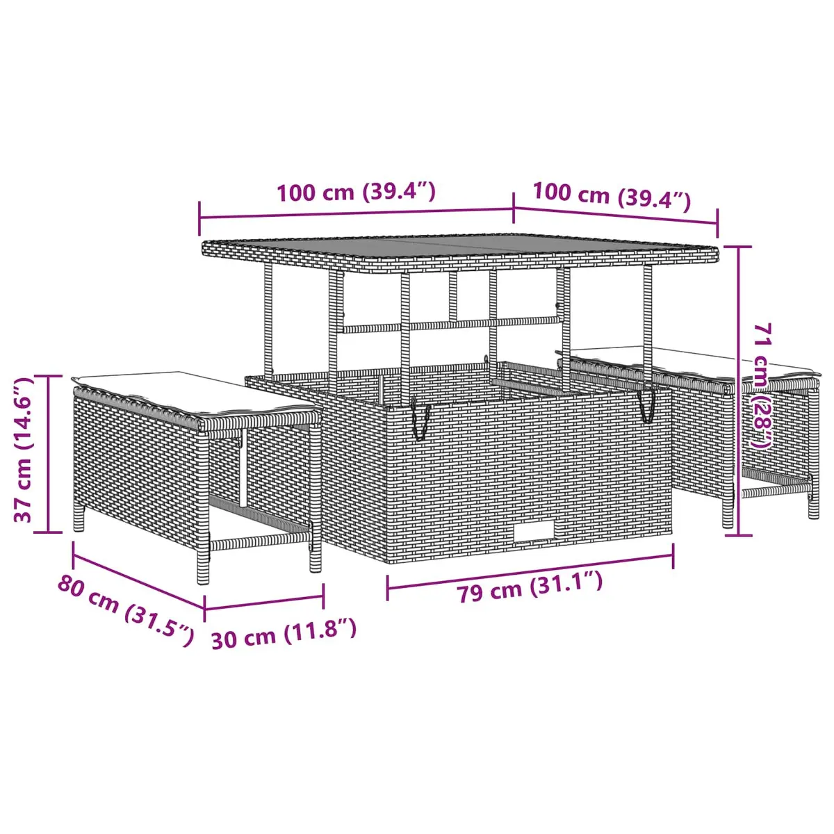Modular Outdoor Furniture Set Black Poly Rattan Acacia Wood 9 Piece Garden Sofa