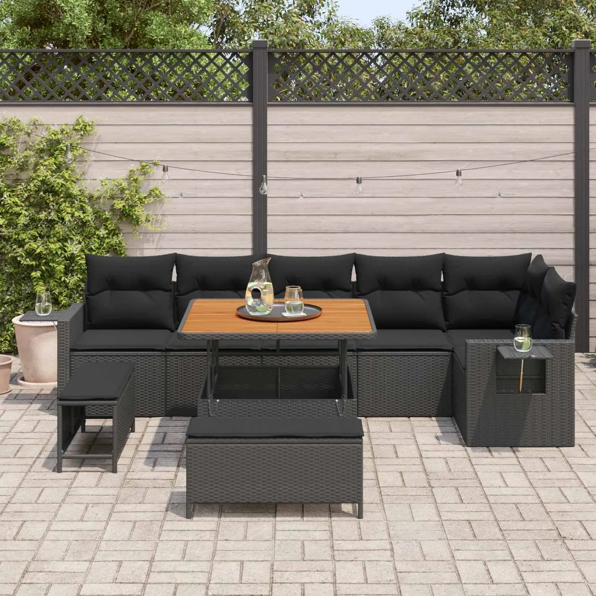 Modular Outdoor Furniture Set Black Poly Rattan Acacia Wood 9 Piece Garden Sofa
