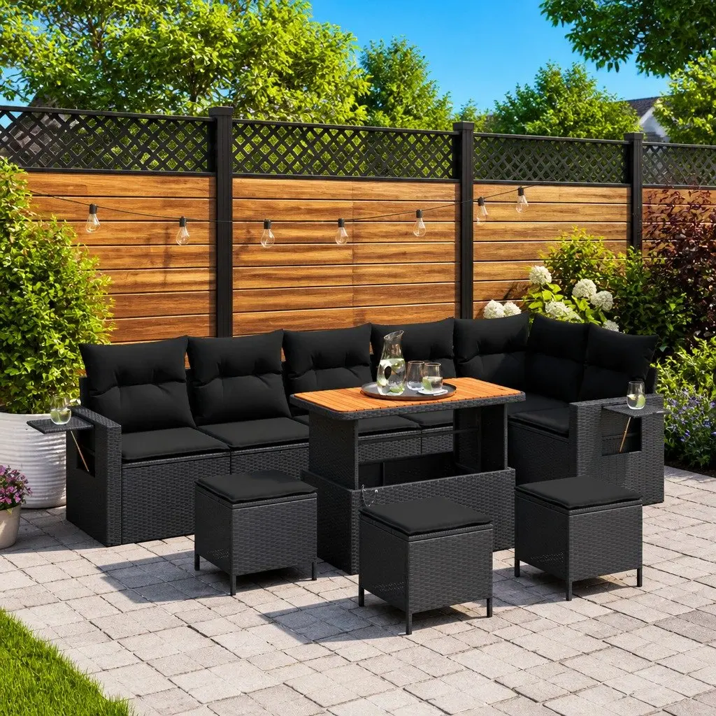 Modular Outdoor Sofa Set 10 Piece Black Poly Rattan Acacia Wood Patio Furniture