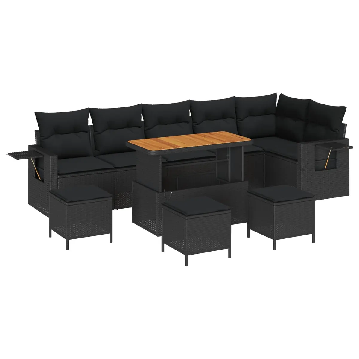 Modular Outdoor Sofa Set 10 Piece Black Poly Rattan Acacia Wood Patio Furniture