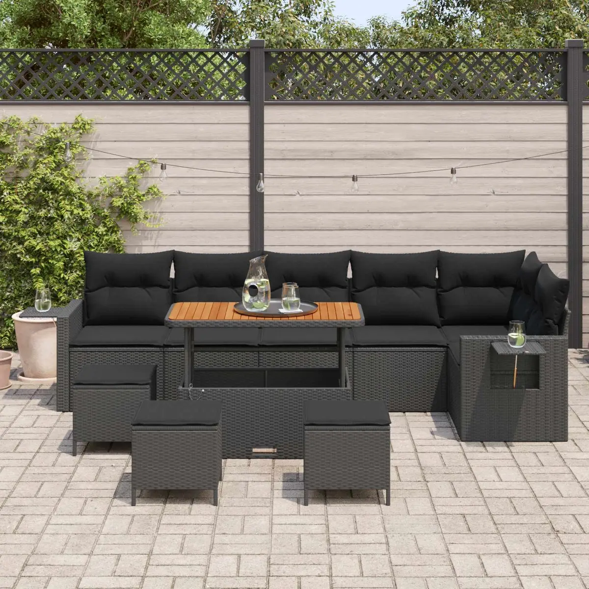 Modular Outdoor Sofa Set 10 Piece Black Poly Rattan Acacia Wood Patio Furniture
