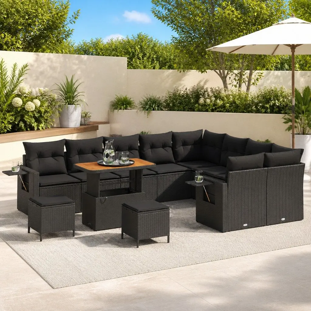Garden Sofa Set 12 Pieces Height-Adjustable Outdoor Furniture Black Poly Rattan