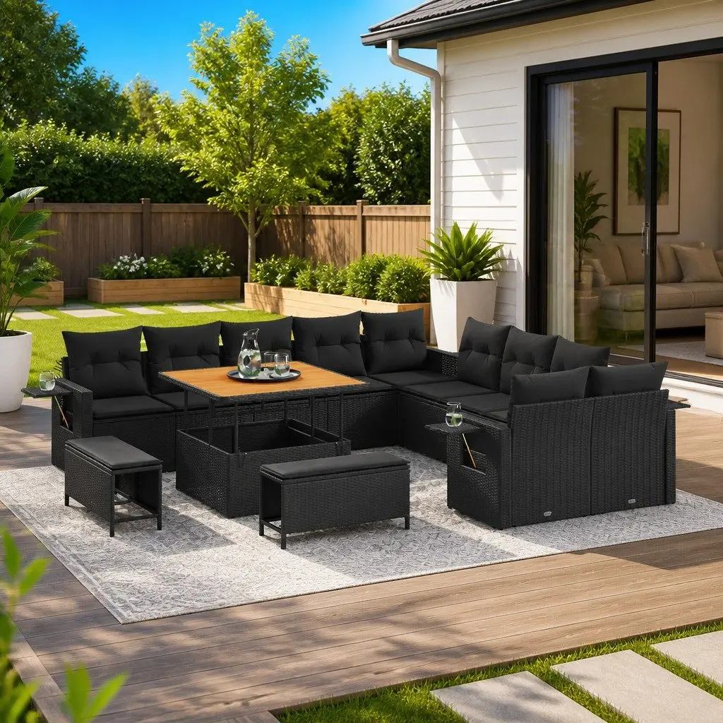 Modular Outdoor Furniture Set 13 Piece Height Adjustable Black Poly Rattan Garden Sofa