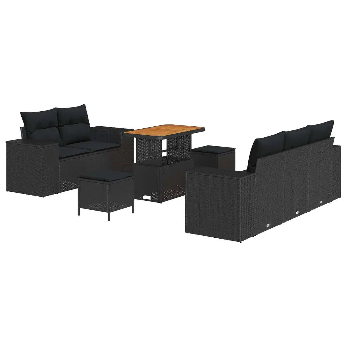 Garden Sofa Set Modular Height-Adjustable 8 Pieces Black Poly Rattan Acacia Wood Outdoor Patio Furniture