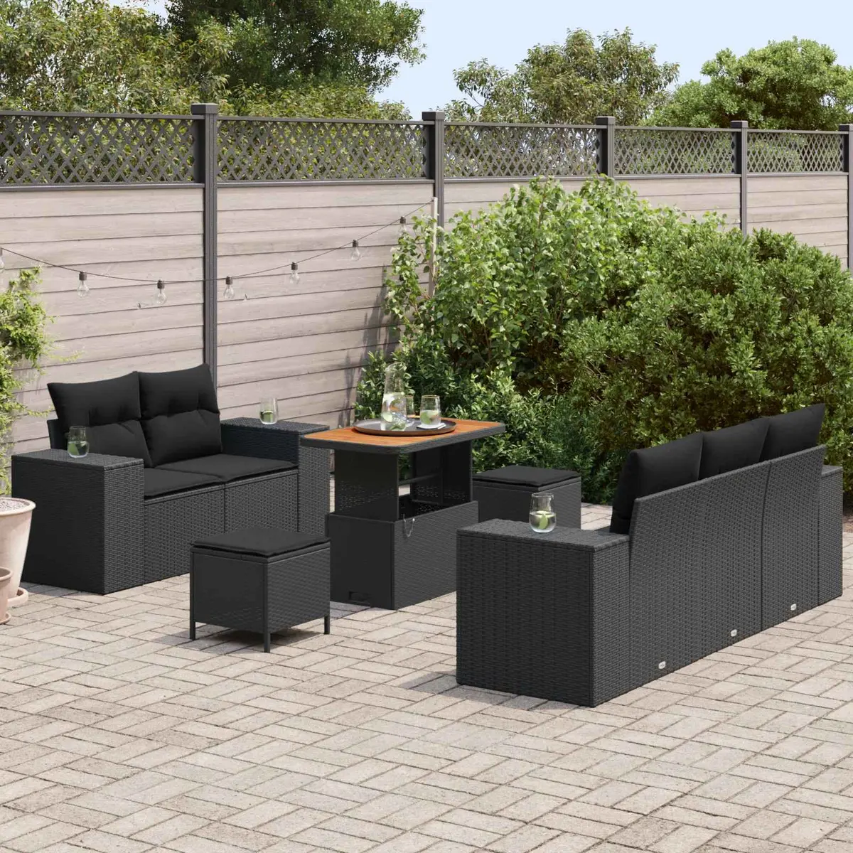 Garden Sofa Set Modular Height-Adjustable 8 Pieces Black Poly Rattan Acacia Wood Outdoor Patio Furniture