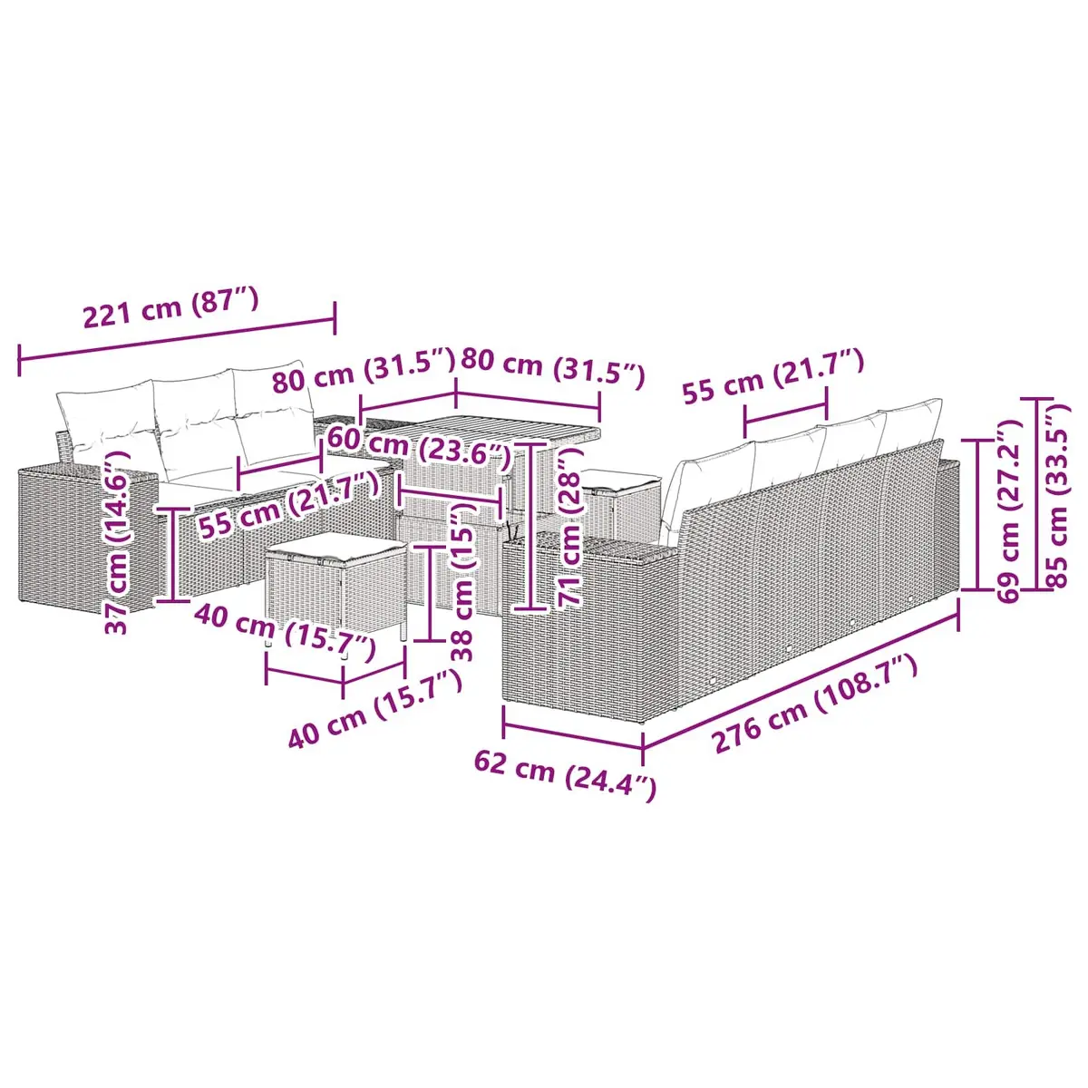 Modular Garden Sofa Set Height-Adjustable 10 Piece Black Outdoor Furniture