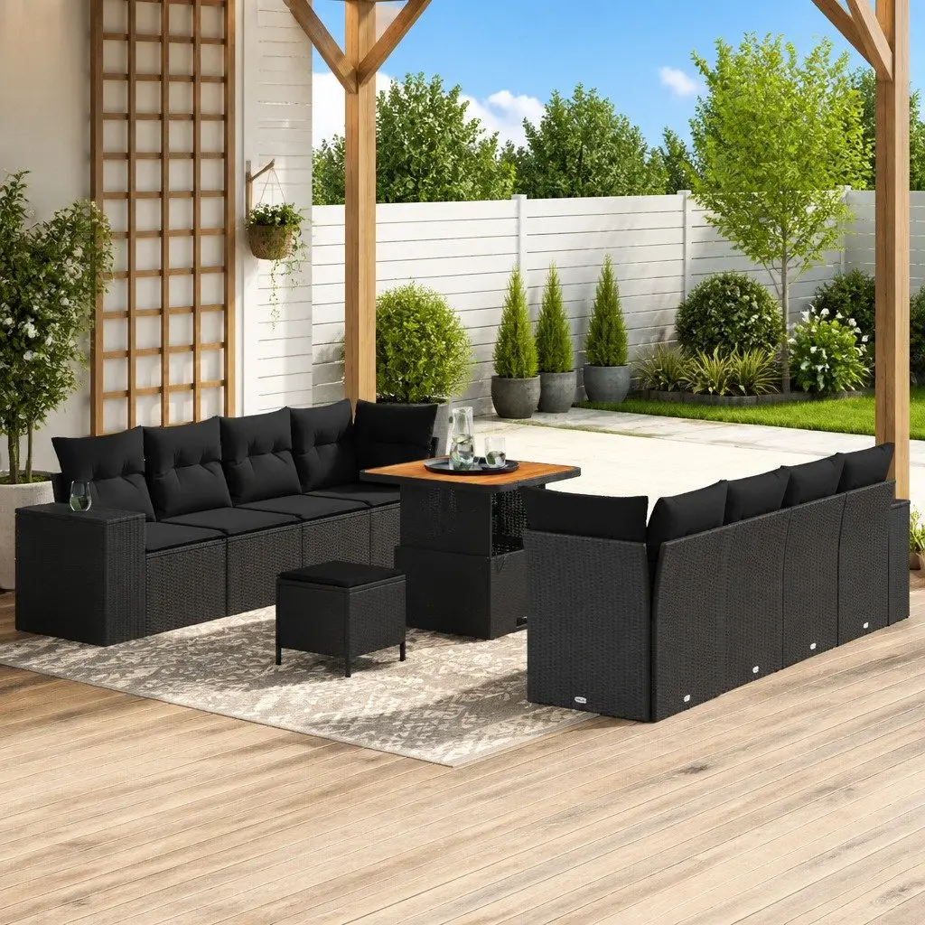 Garden Sofa Set Modular Poly Rattan Black 11 Piece Outdoor Furniture with Cushions