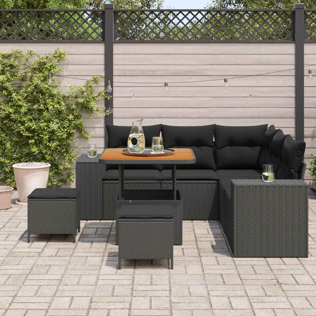 Modular Outdoor Furniture Set Black Poly Rattan 8 Piece Garden Sofa Lounge