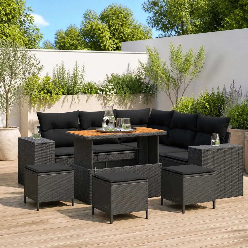 Garden Sofa Set 9 pcs Black Poly Rattan Modular Outdoor Furniture with Cushions