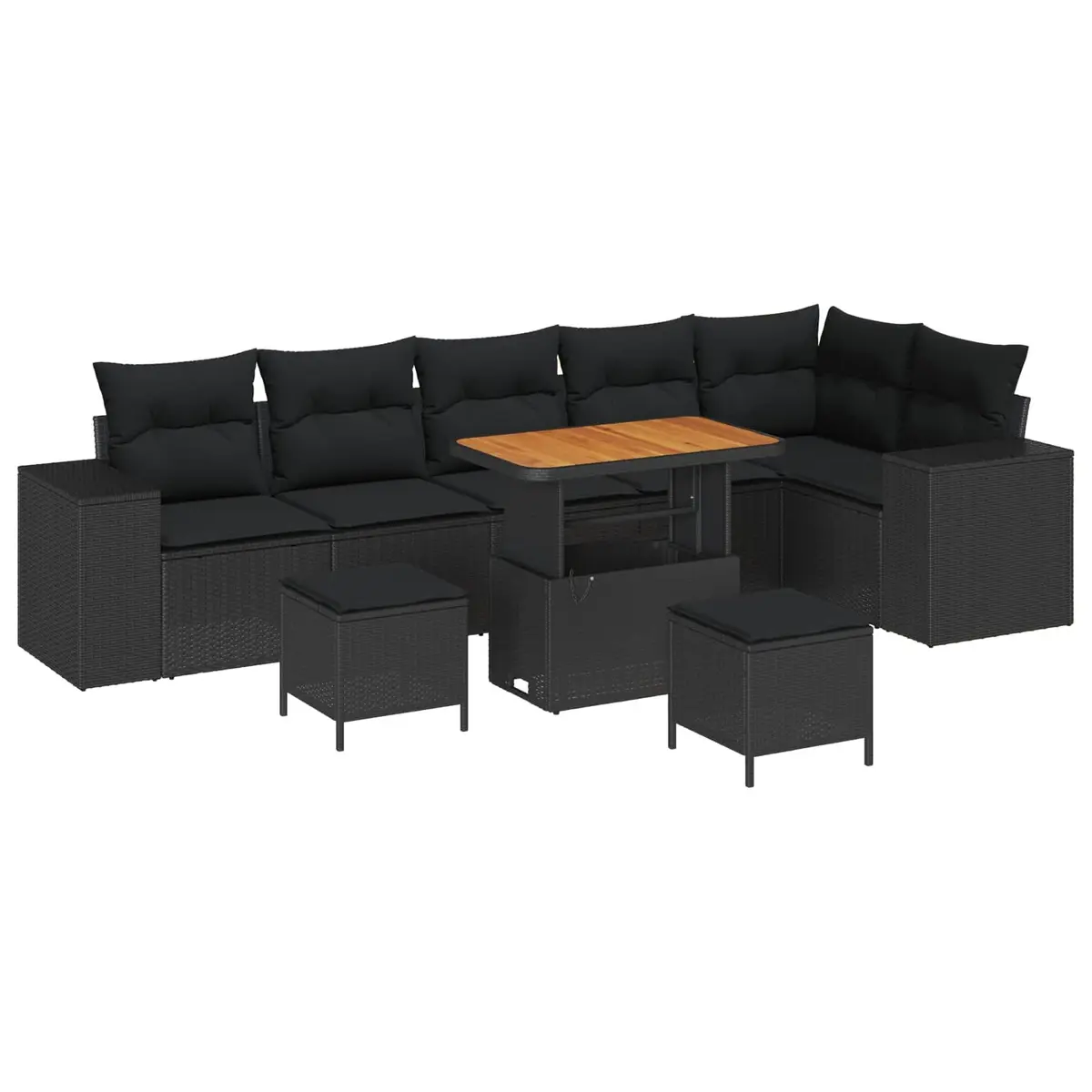 9 Piece Modular Garden Sofa Set Black Poly Rattan Outdoor Furniture with Acacia Wood Tabletop