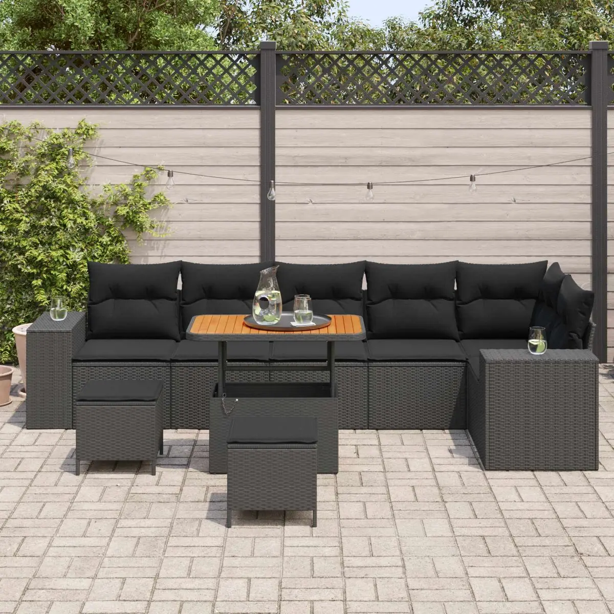 9 Piece Modular Garden Sofa Set Black Poly Rattan Outdoor Furniture with Acacia Wood Tabletop