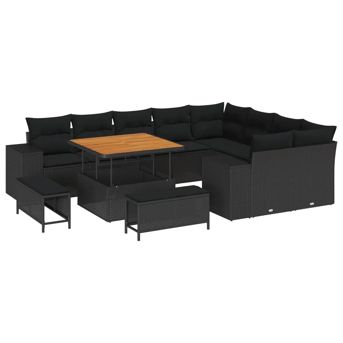 Modular Outdoor Sofa Set Black 12 Piece Powder Coated Steel Frame Poly Rattan for Patio Garden Lounge and Dining