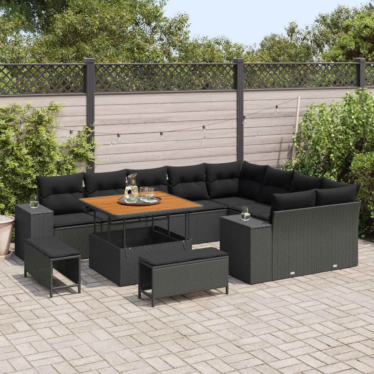 Modular Outdoor Sofa Set Black 12 Piece Powder Coated Steel Frame Poly Rattan for Patio Garden Lounge and Dining