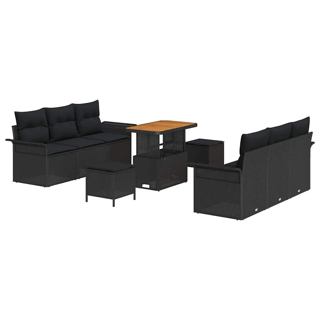 Outdoor Garden Sofa Set 9 Pieces Black Poly Rattan Furniture with Cushions