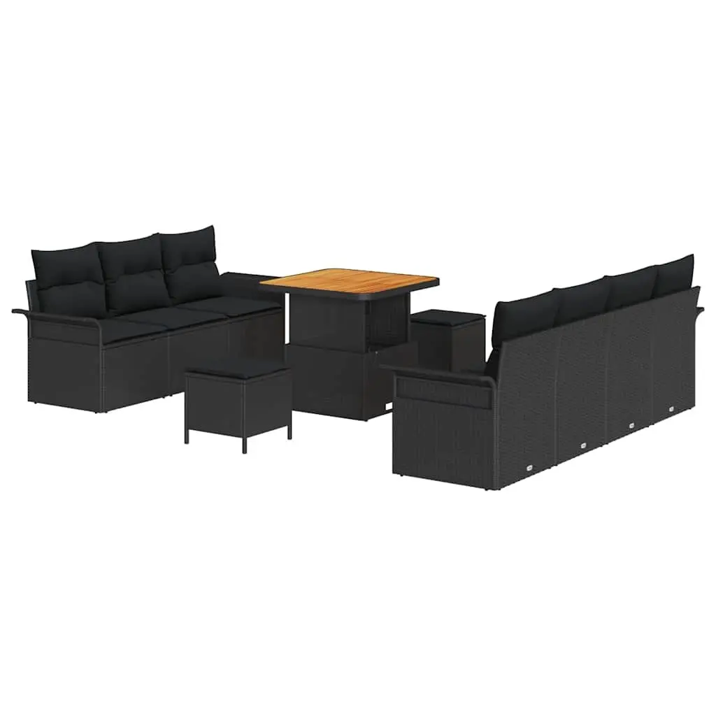 Outdoor Garden Sofa Set Poly Rattan Acacia Wood 10 Piece Black