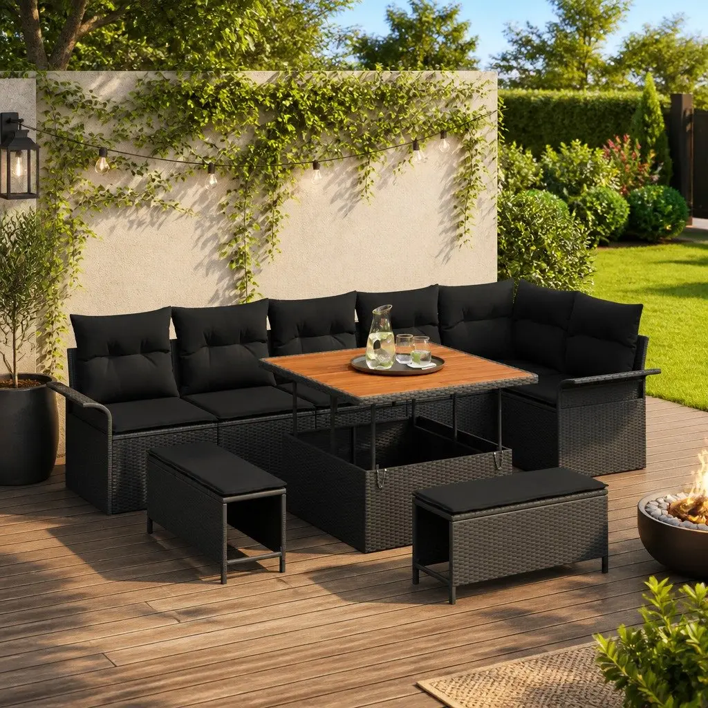 Garden Sofa Set Poly Rattan 9 Piece Outdoor Furniture Black with Cushions Modular