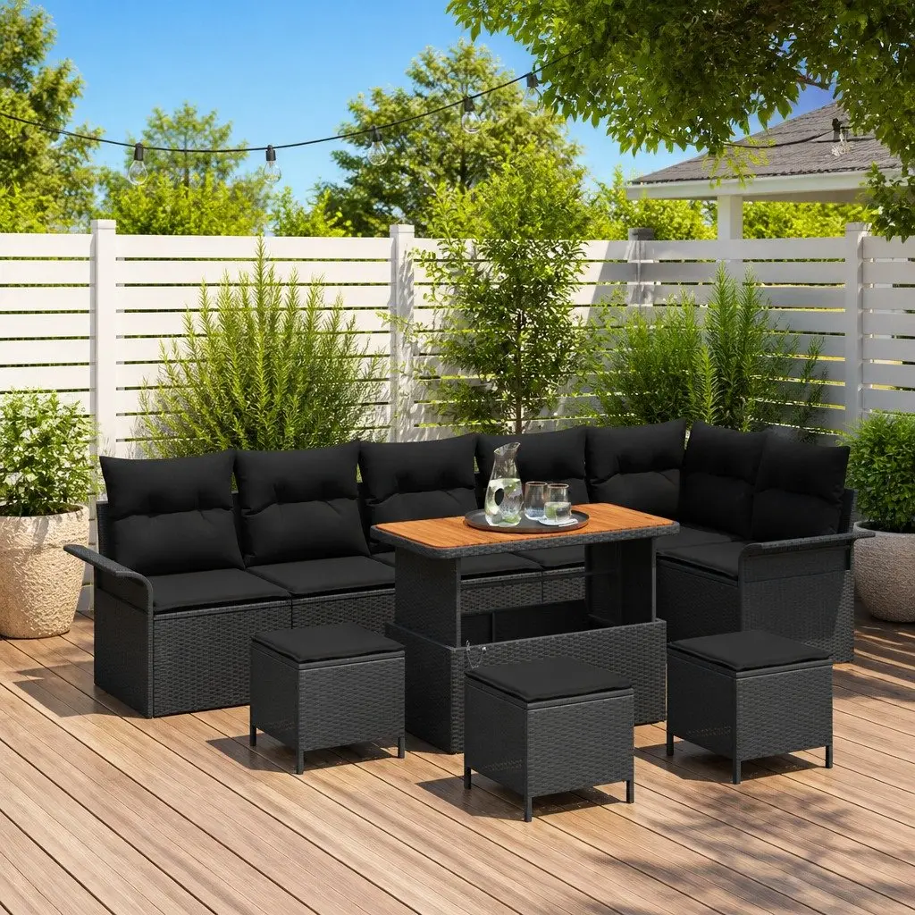 Outdoor Garden Sofa Set 10 Piece Black Poly Rattan Furniture with Cushions