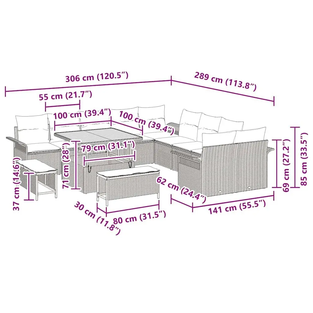 Garden Sofa Set Modular Black Poly Rattan 13 Piece Outdoor Lounge Patio Furniture