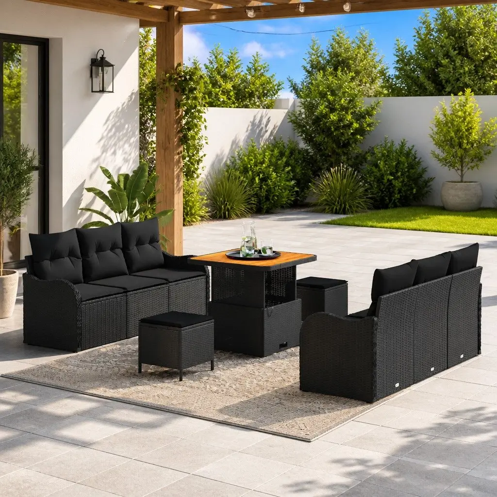 Garden Sofa Set Poly Rattan Solid Acacia Wood 9 Piece Outdoor Furniture Black