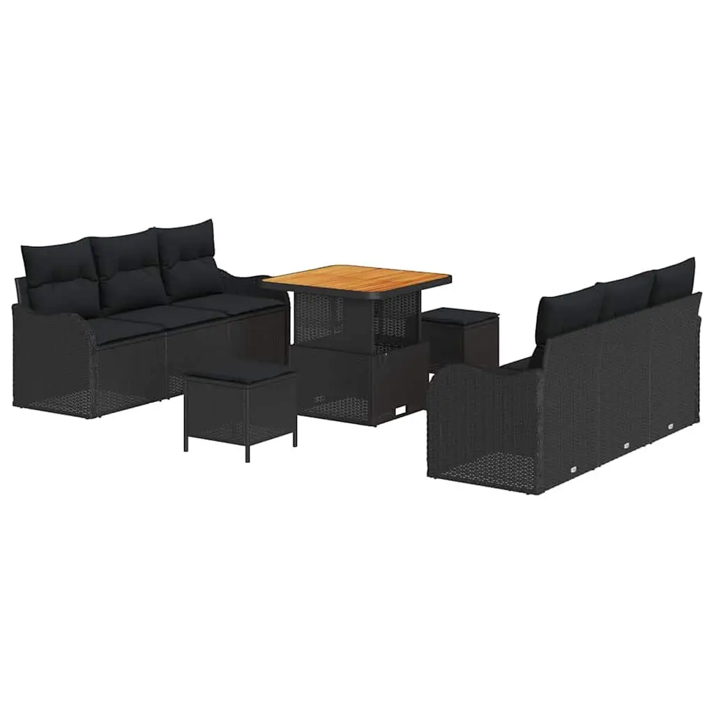 Garden Sofa Set Poly Rattan Solid Acacia Wood 9 Piece Outdoor Furniture Black