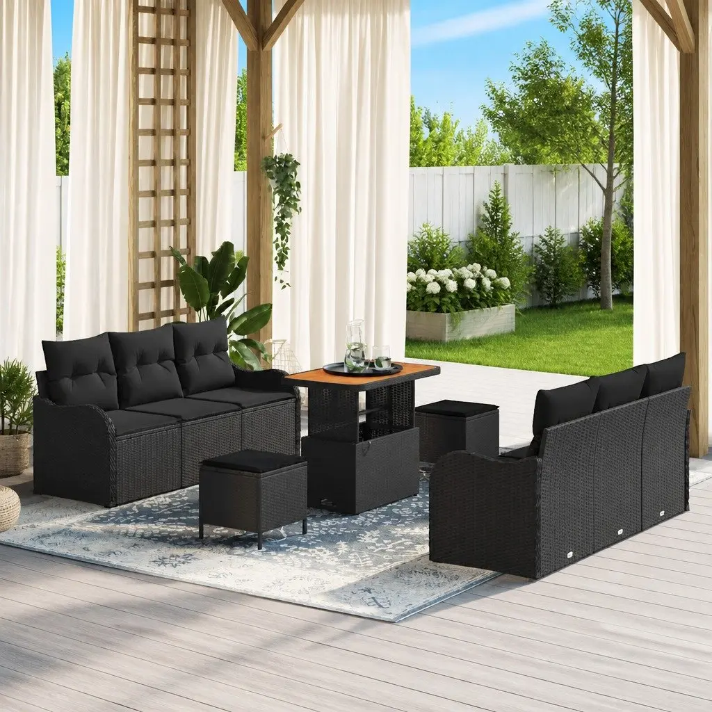 Outdoor Garden Sofa Set Poly Rattan Acacia Wood 9 Pieces Black