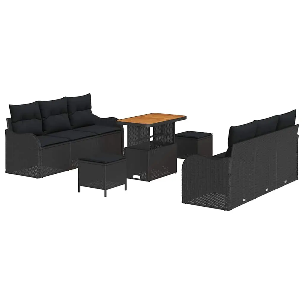 Outdoor Garden Sofa Set Poly Rattan Acacia Wood 9 Pieces Black