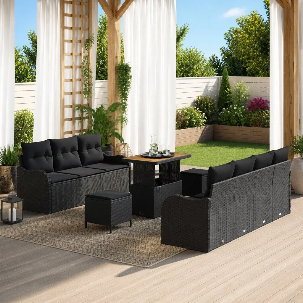 Modular Garden Sofa Set 10 Piece Black Poly Rattan with Height Adjustable Table