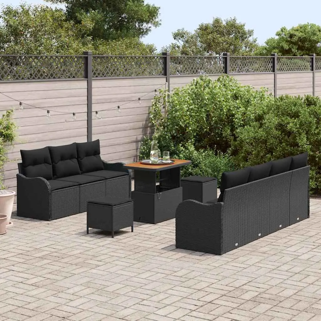 Modular Garden Sofa Set 10 Piece Black Poly Rattan with Height Adjustable Table