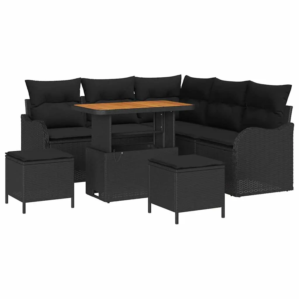 Outdoor Furniture Sofa Set 8 Piece Black Poly Rattan Steel Frame Acacia Wood Table