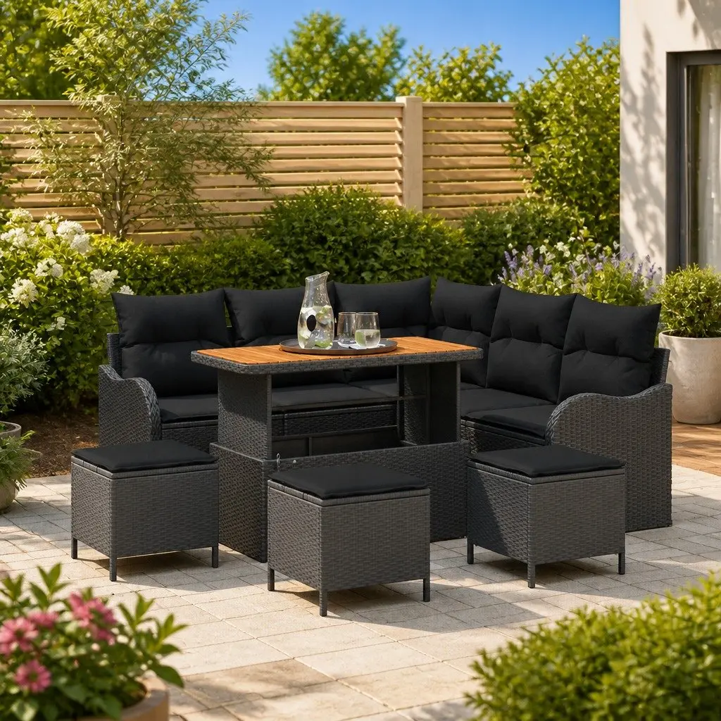 9 Piece Modular Outdoor Garden Sofa Set Poly Rattan Black with Powder Coated Steel Frame and Acacia Wood Surfaces