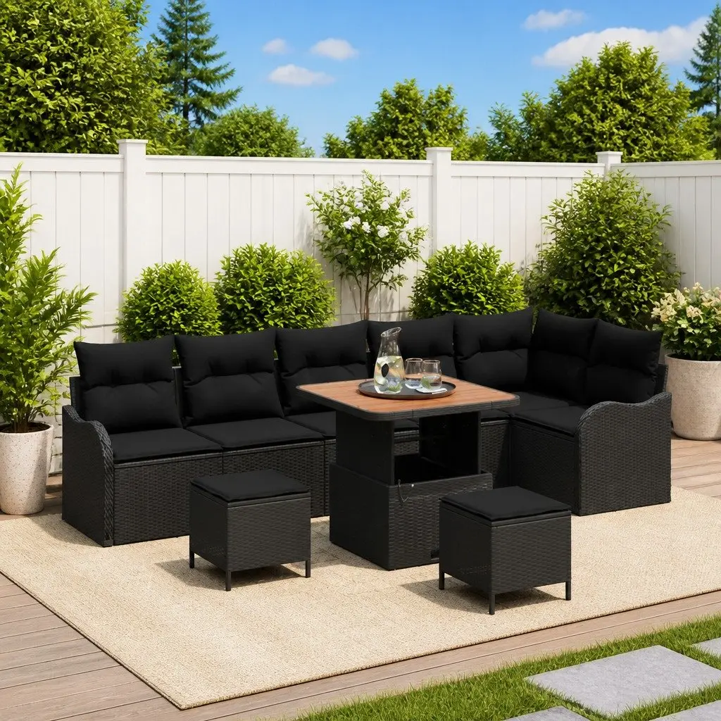Garden Sofa Set 9 Piece Outdoor Furniture Black Poly Rattan Modern Patio Lounge