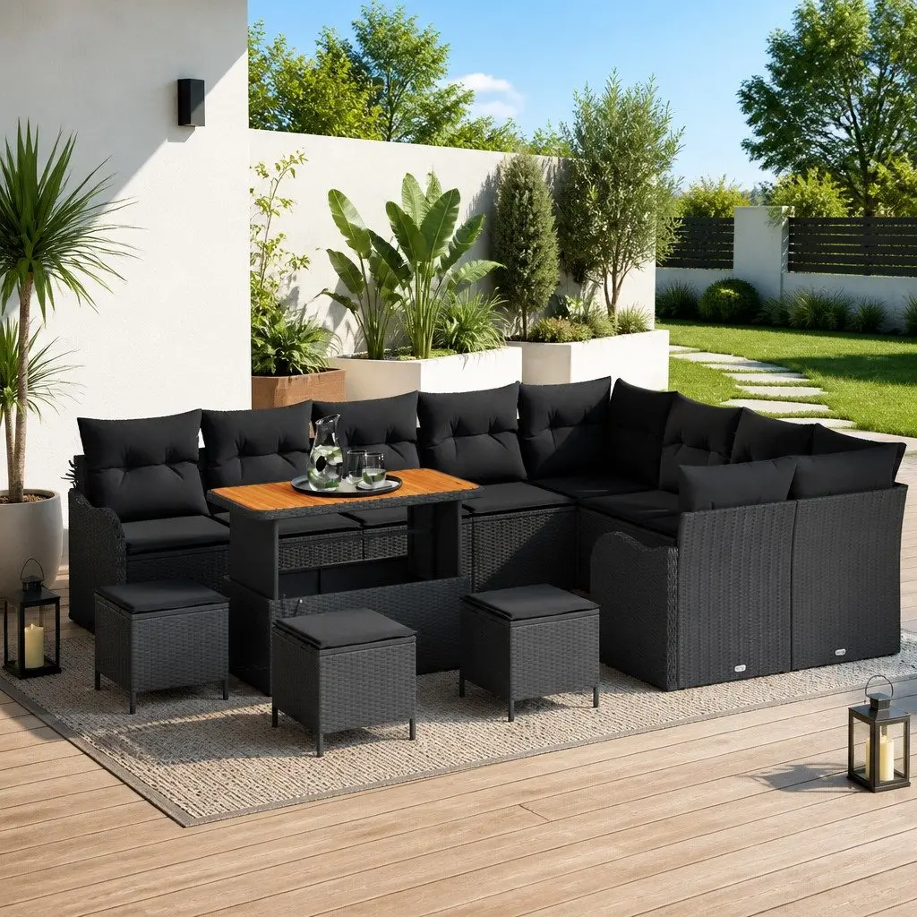 Outdoor Garden Sofa Set Poly Rattan Solid Acacia Wood Steel Legs 13 Piece Black