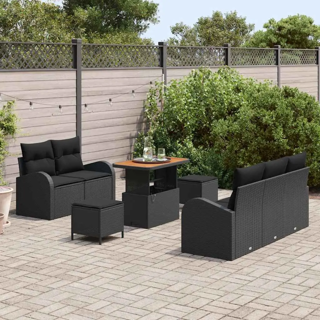 Garden Sofa Set 8 Pieces Black Poly Rattan Outdoor Furniture with Cushions