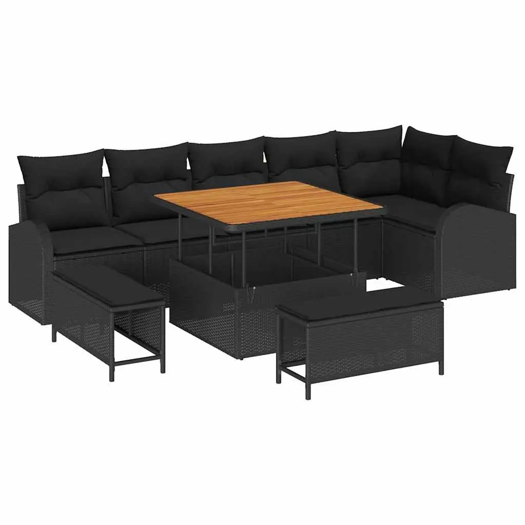 Garden Sofa Set 9 Pieces Black Poly Rattan Outdoor Furniture with Cushions