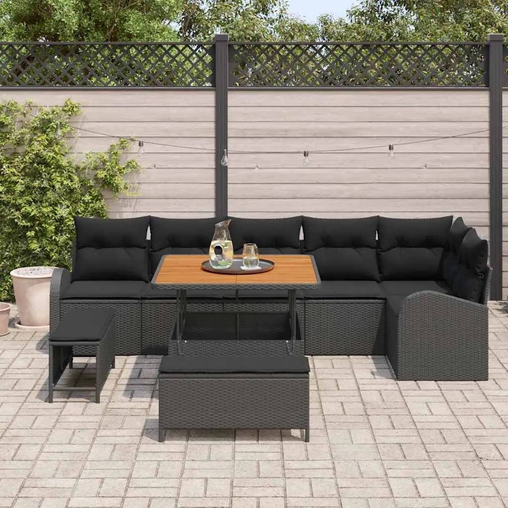 Garden Sofa Set 9 Pieces Black Poly Rattan Outdoor Furniture with Cushions