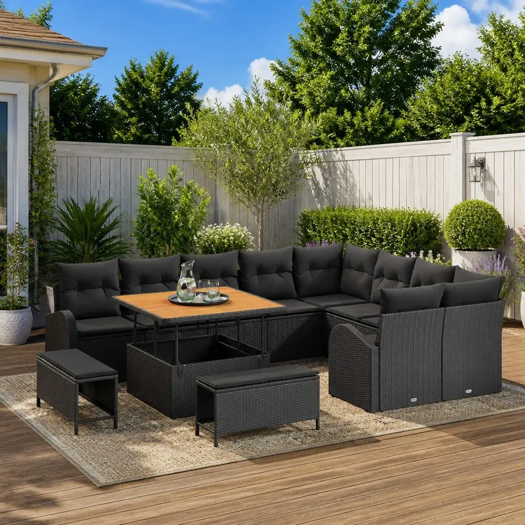 Garden Sofa Set 12 Pieces Black Poly Rattan Outdoor Furniture with Cushions