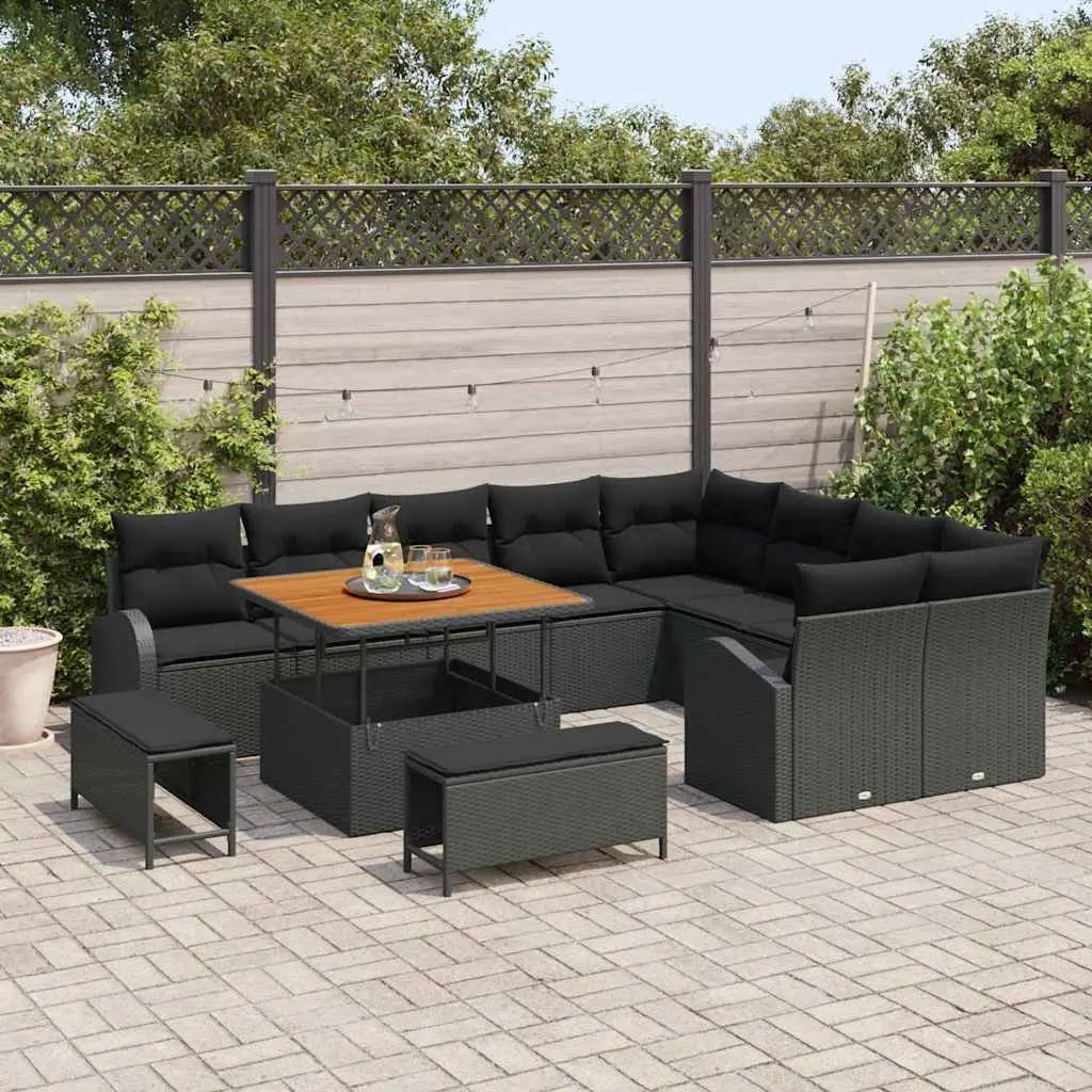 Garden Sofa Set 12 Pieces Black Poly Rattan Outdoor Furniture with Cushions