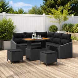 Outdoor Garden Sofa Set 8 Pieces Black Poly Rattan Modular Lounge with Cushions