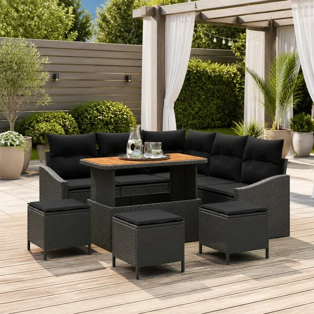 Outdoor Garden Sofa Set Poly Rattan 9 Pieces Black Modular Seating with Cushions