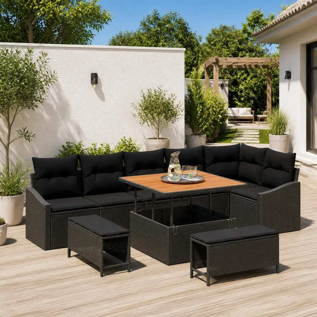Garden Sofa Set Poly Rattan Modular 9 Piece Outdoor Furniture Black