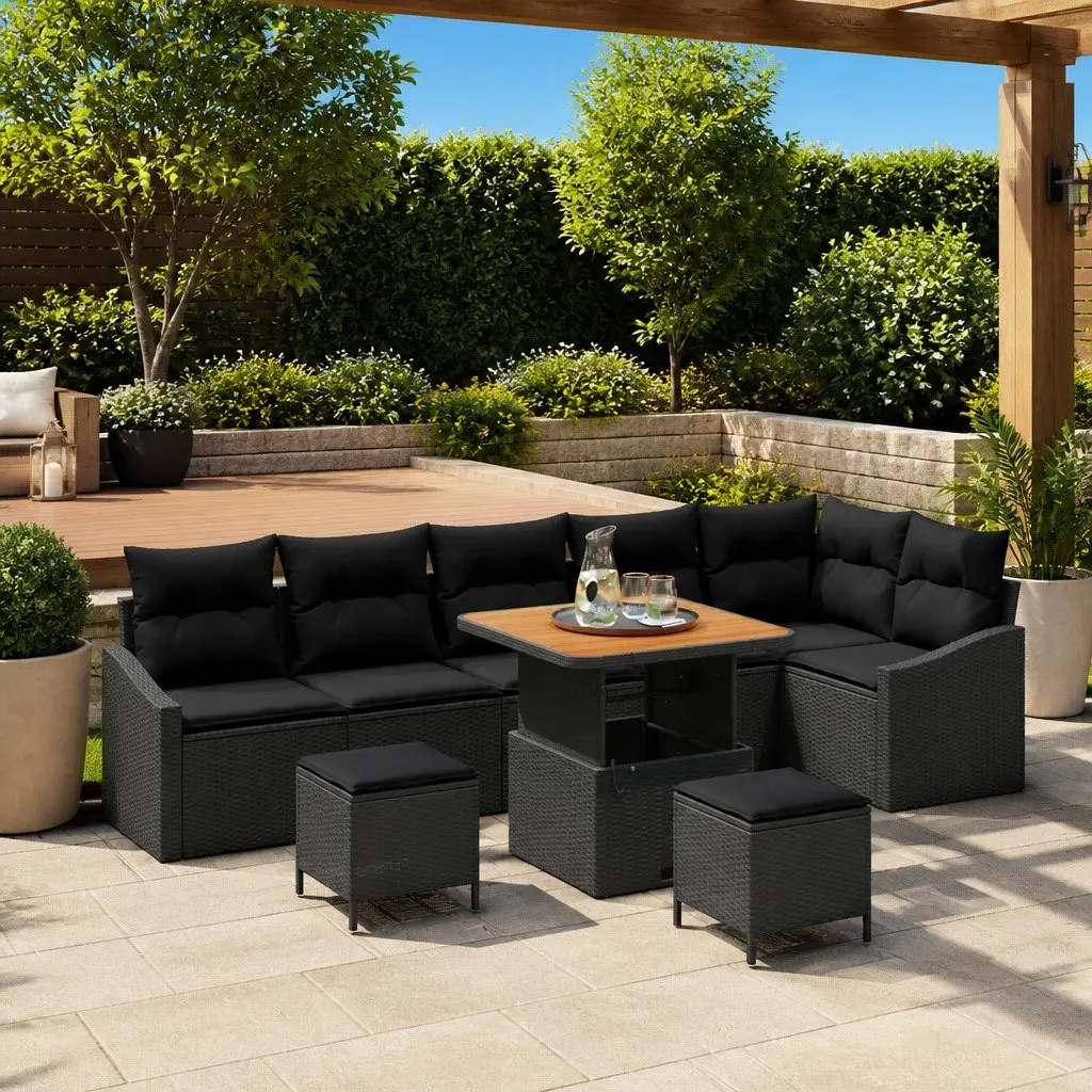 Modular Black Garden Sofa Set 9 Piece Poly Rattan Outdoor Furniture with Height Adjustable Table
