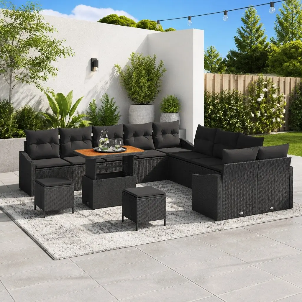 Garden Sofa Set 13 Piece Modular Outdoor Furniture Black Poly Rattan Cushioned