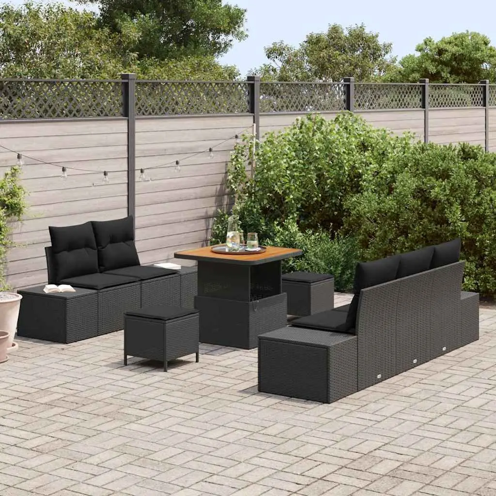 Garden Sofa Set Poly Rattan 8 Piece Outdoor Furniture Black with Cushions Adjustable