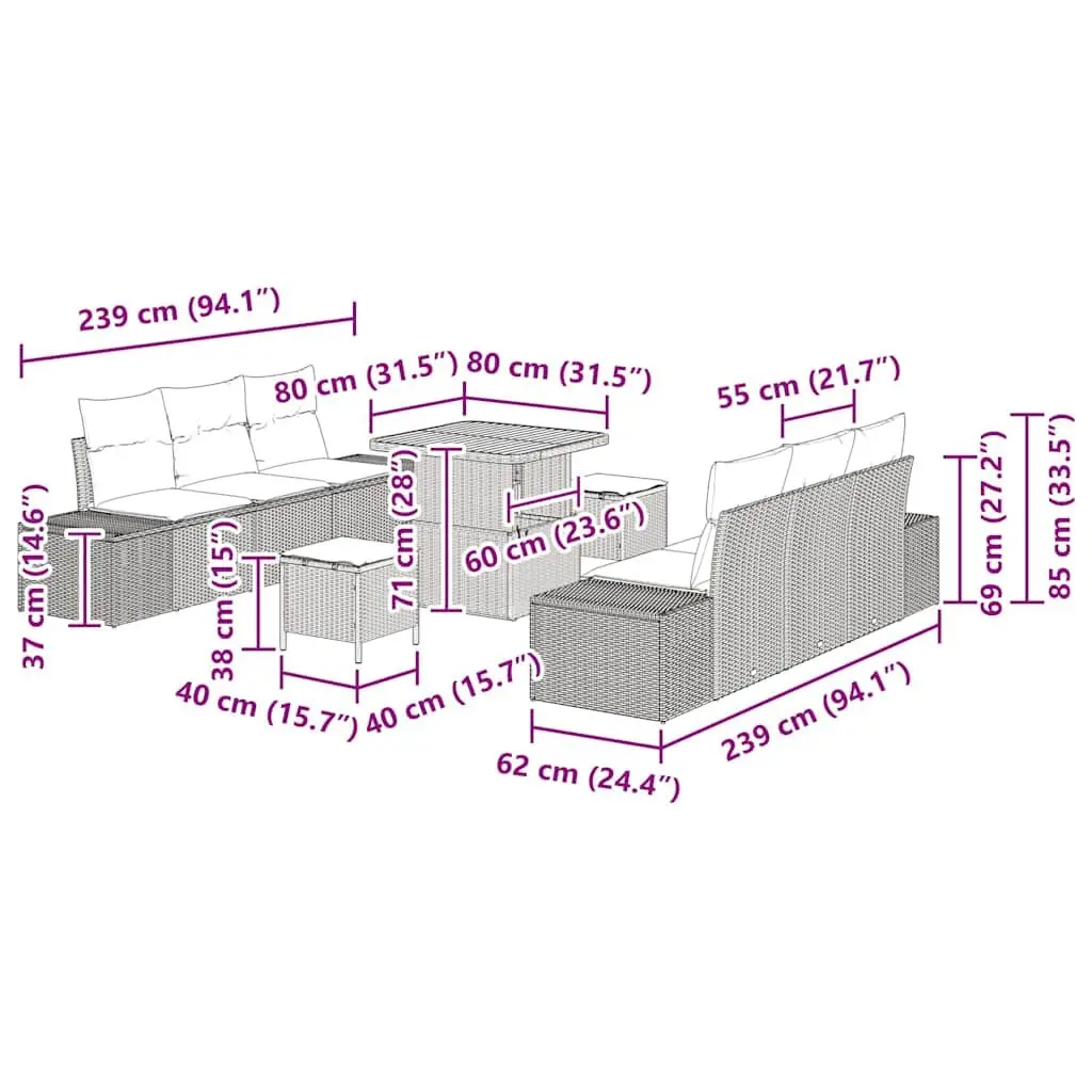 Garden Sofa Set 9pcs Outdoor Furniture Black Poly Rattan Modular Lounge Patio