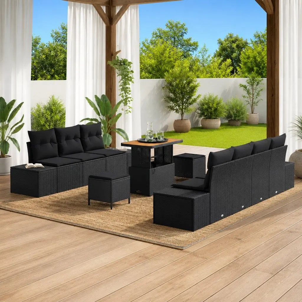 10 Piece Modular Outdoor Garden Sofa Set Black Poly Rattan with Cushions