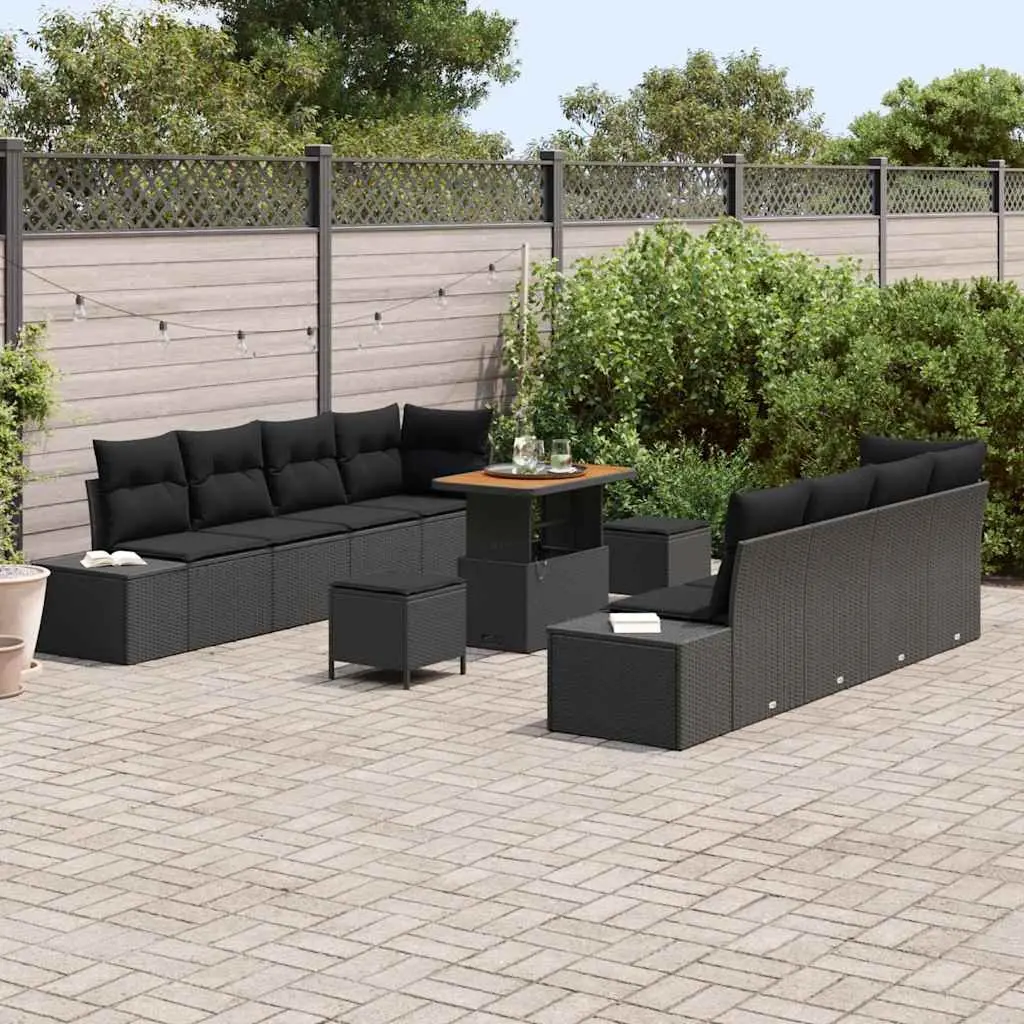 Garden Sofa Set 11 Piece Outdoor Furniture Black Poly Rattan Cushions Patio