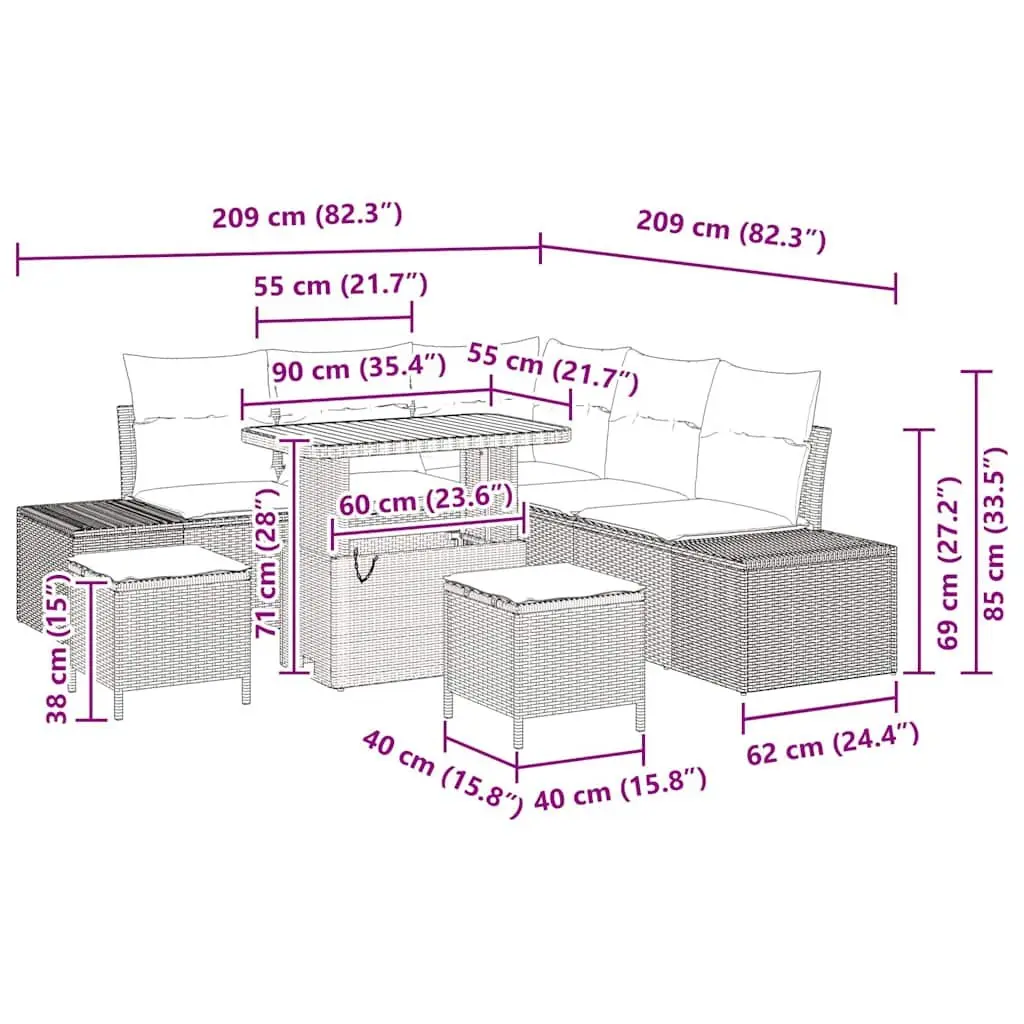 Outdoor Garden Sofa Set 8 Pcs Black Modular Poly Rattan Furniture with Cushions